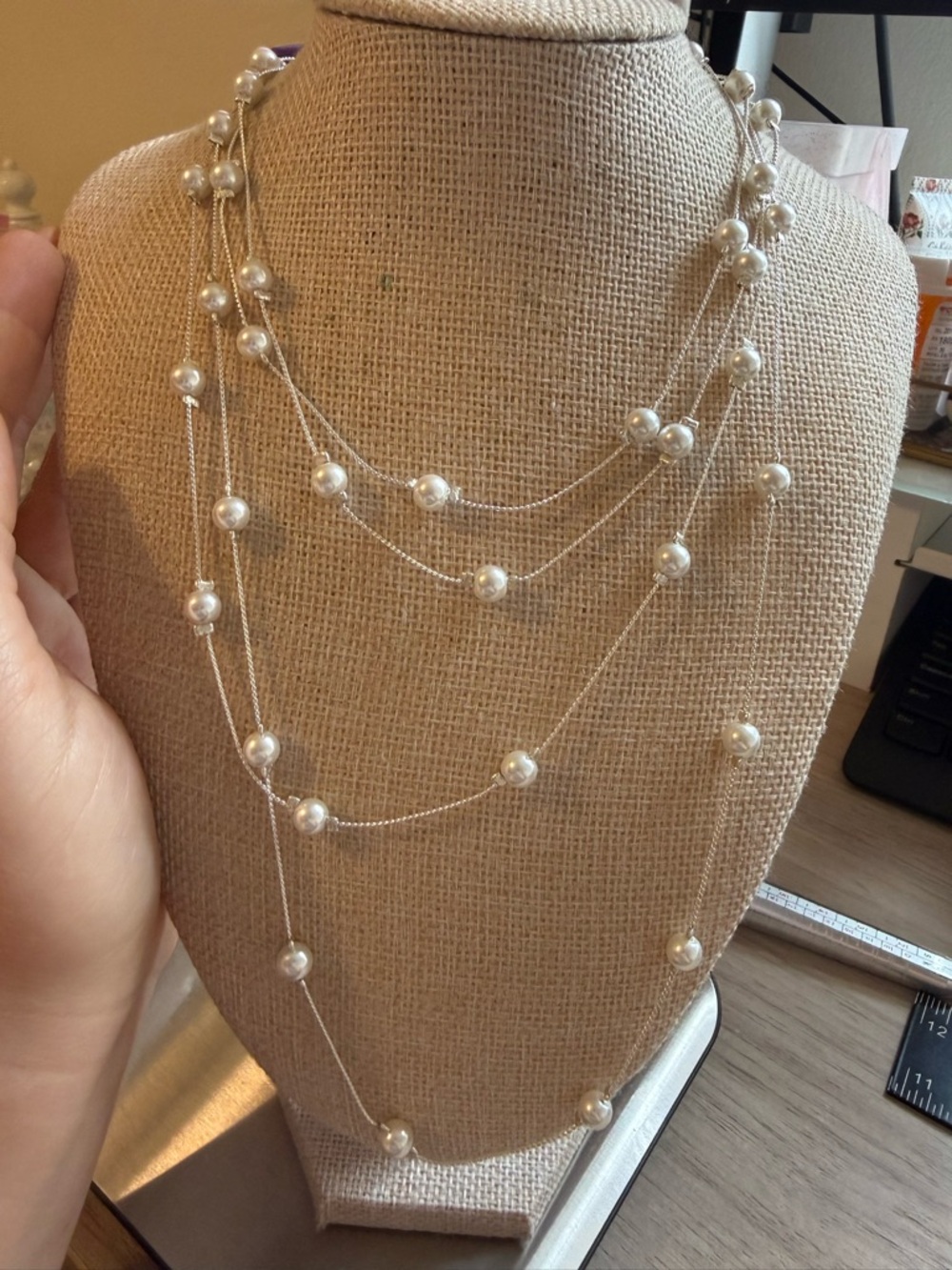 Elegant Multi-Strand Pearl Station Necklace - White Pearls